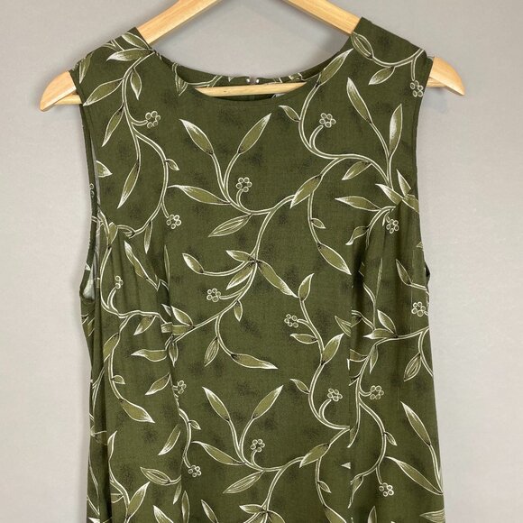 Vintage 90s Dress Green Leafy Floral Momcore Rayon Sleeveless Tie Waist Green - Picture 3 of 15